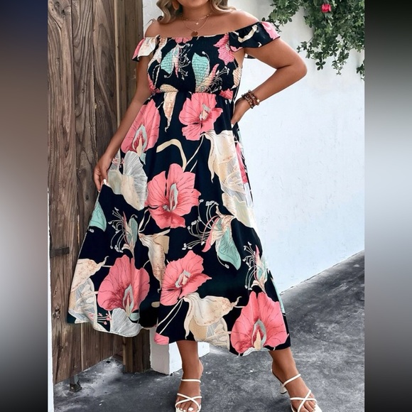 Plus size floral print off shoulder ruffle trim maxi dress - Picture 2 of 8